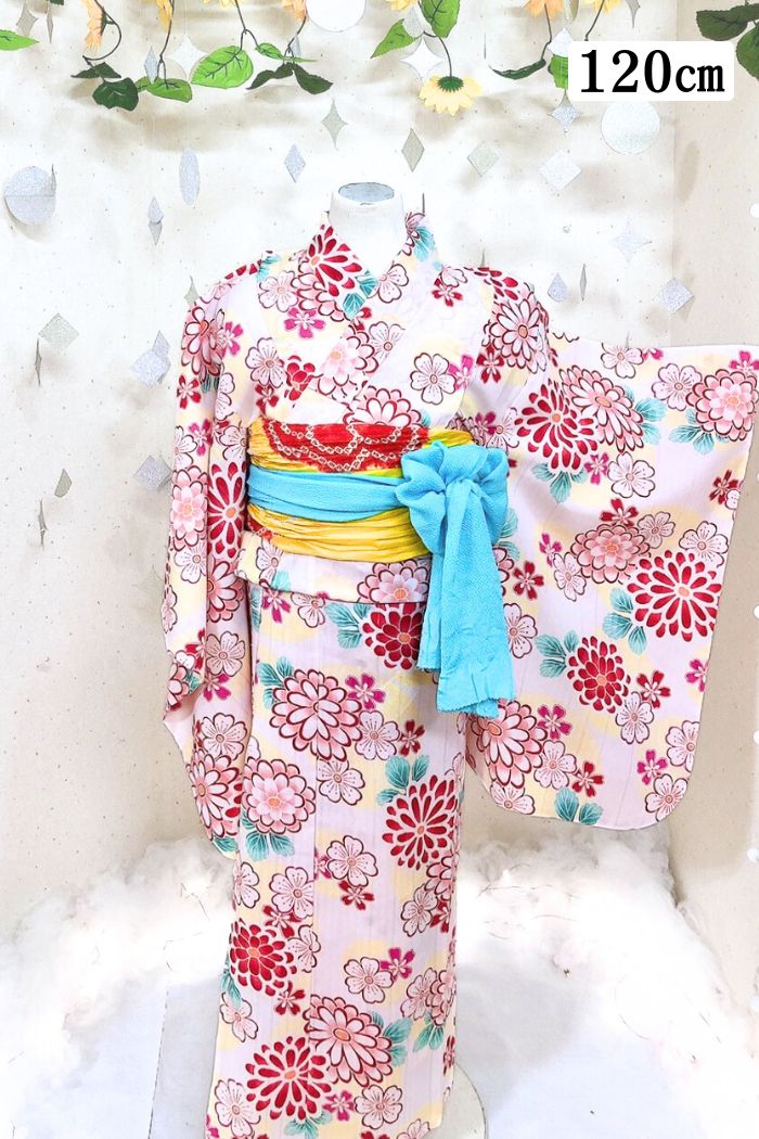 120cmの白地にピンクの花柄の女の子浴衣