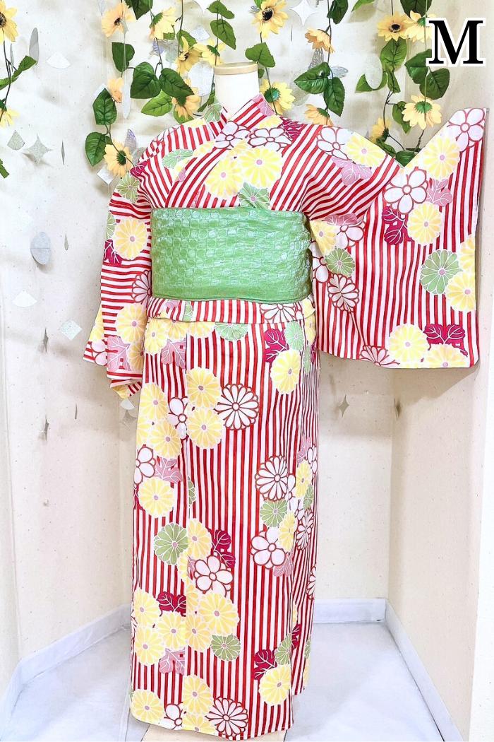 赤いストライプと黄色の花柄のMサイズ浴衣