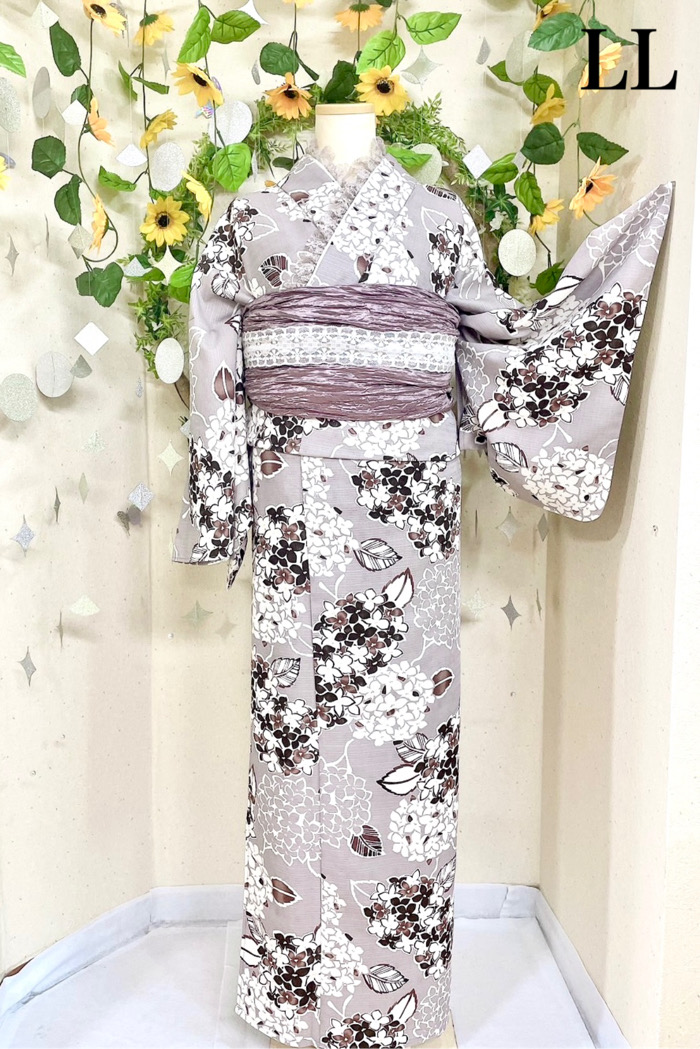 くすみグレーベージュに紫陽花柄のLLサイズ浴衣