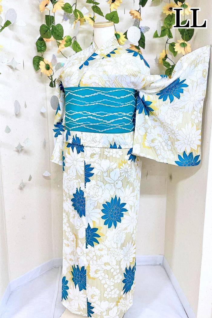 黄色のストライプに花柄のLLサイズ浴衣