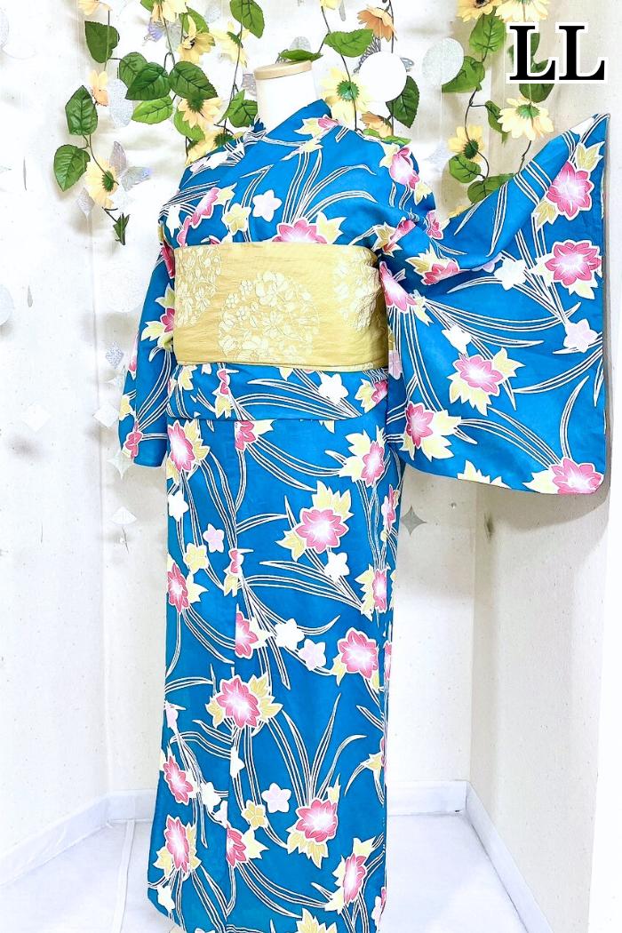 青色に花柄のLLサイズ浴衣