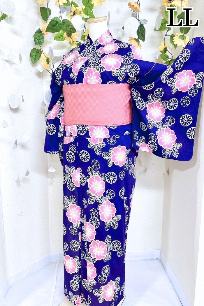 紺色にピンクの花柄のLLサイズ浴衣