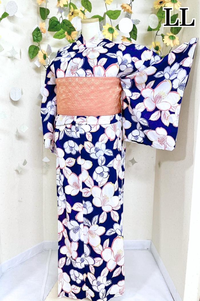 紺色にパステルカラーの花柄のLLサイズ浴衣