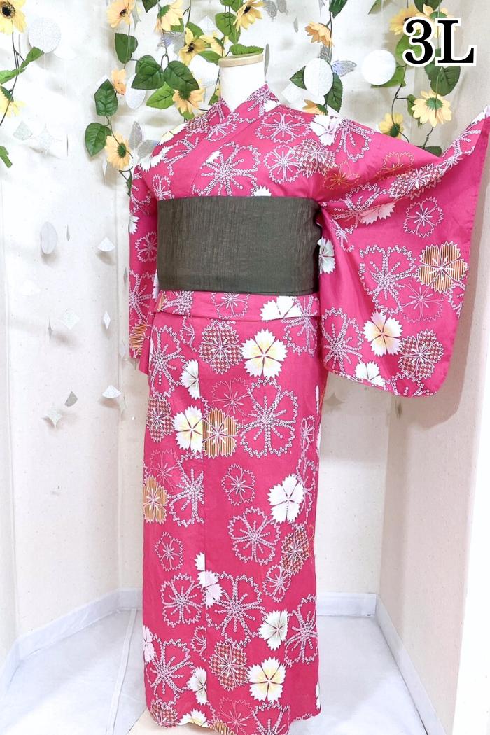 ピンク色に撫子柄の3Lサイズ浴衣