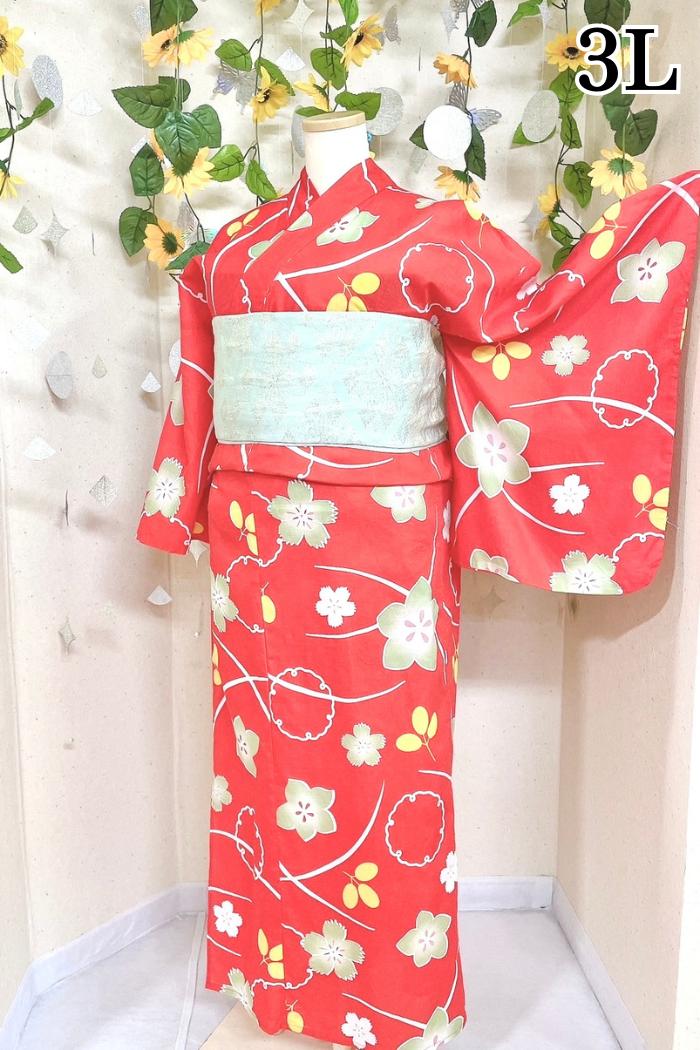 オレンジ色に花柄の3Lサイズ浴衣