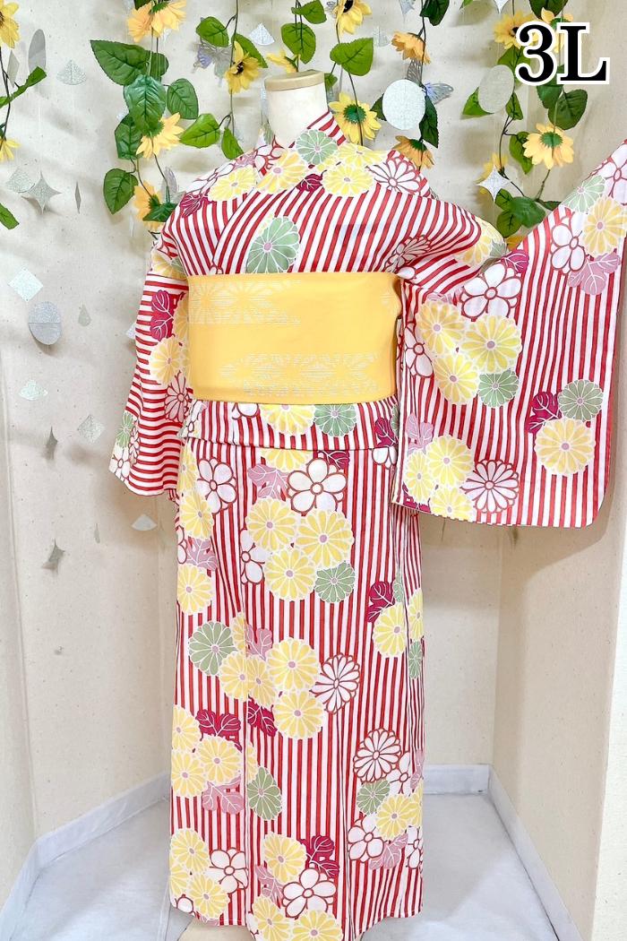 赤いストライプに花柄の3Lサイズ浴衣