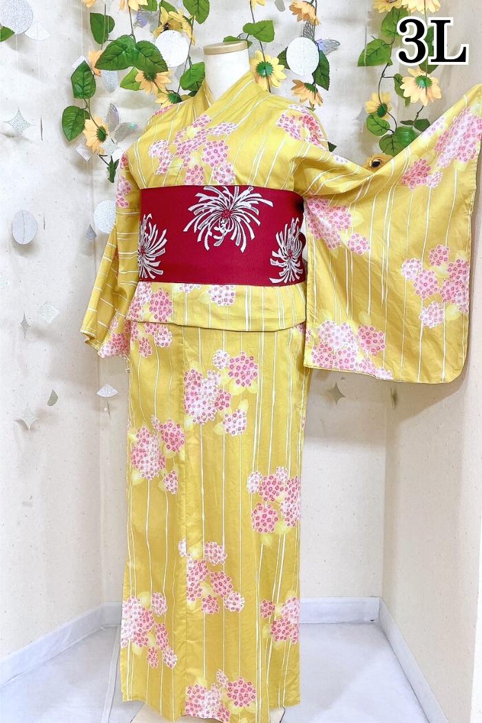 黄色のストライプに花柄の3Lサイズ浴衣