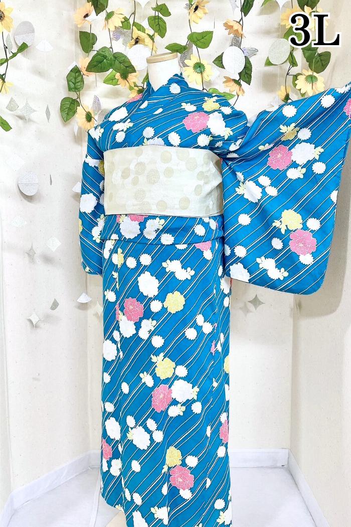 青色に斜めストライプと花柄の3Lサイズ浴衣